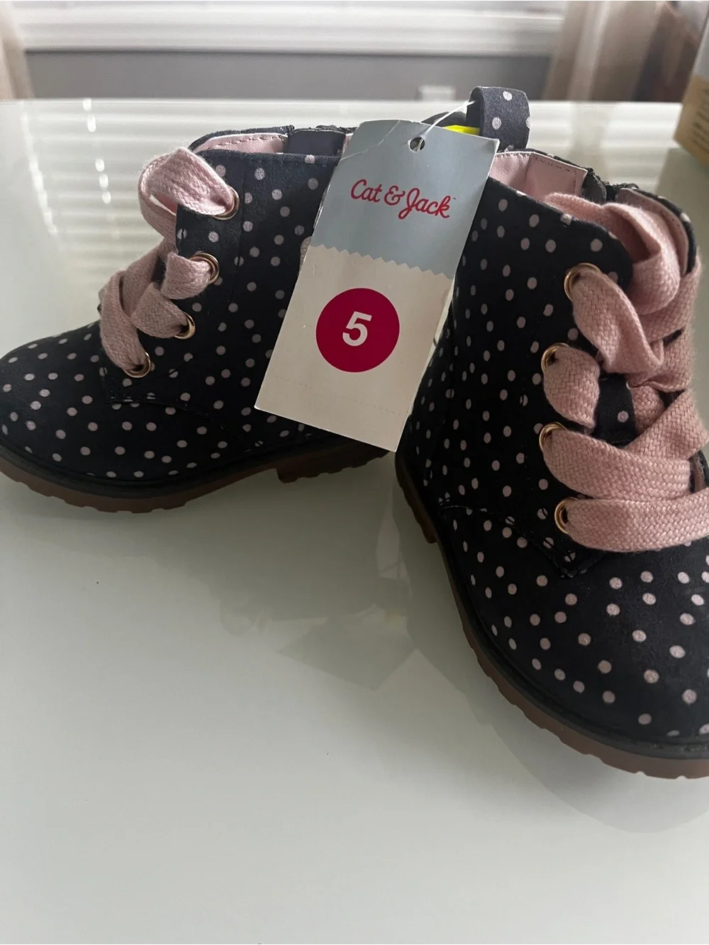 Cat & Jack Navy Polka Dot Boots with Pink Laces
